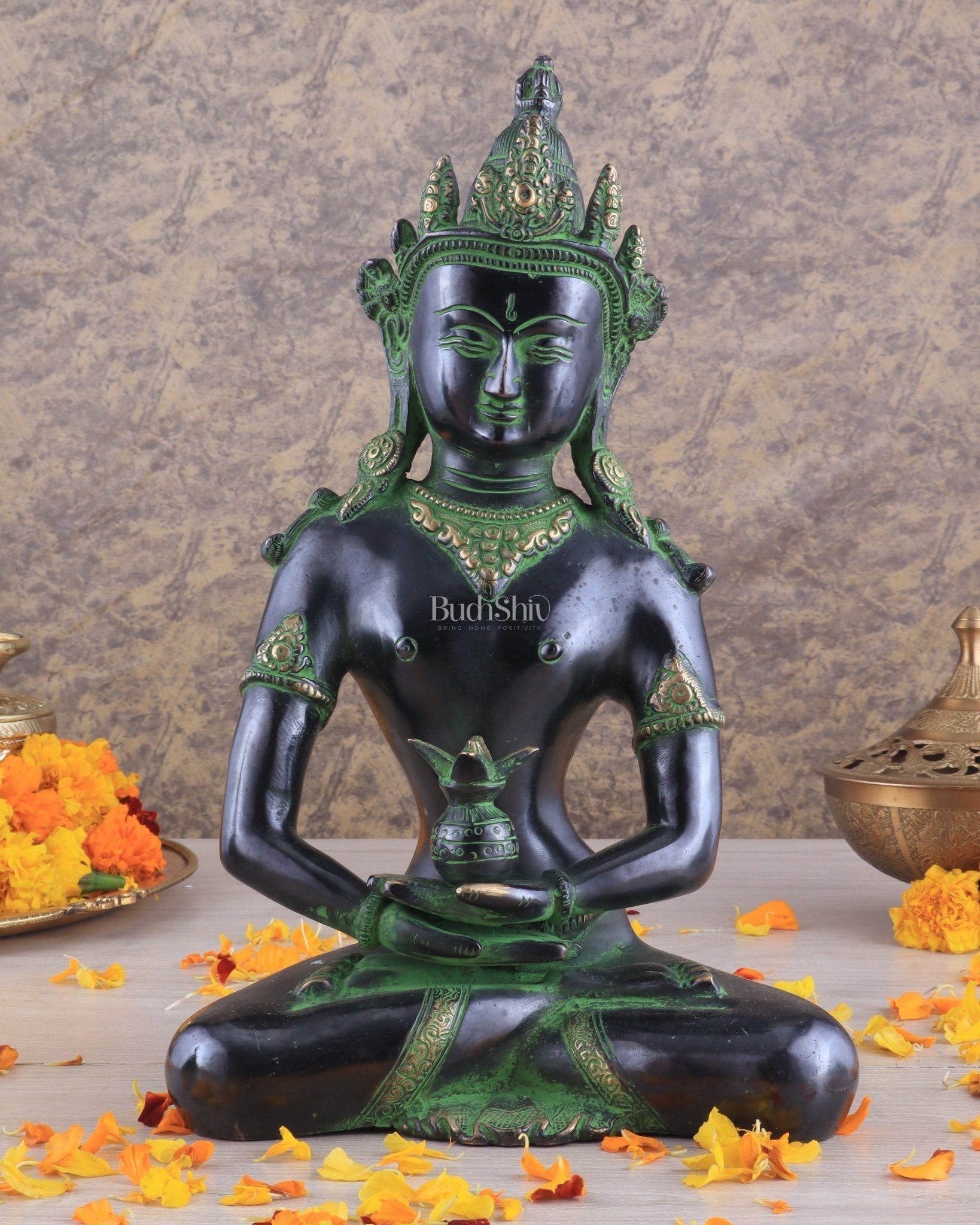 Pure Brass Meditating Buddha Statue - Antique black and green Finish, 13" Height - Sama Homes Idol - Brass Sculpture - Eco-friendly - Sama Homes
