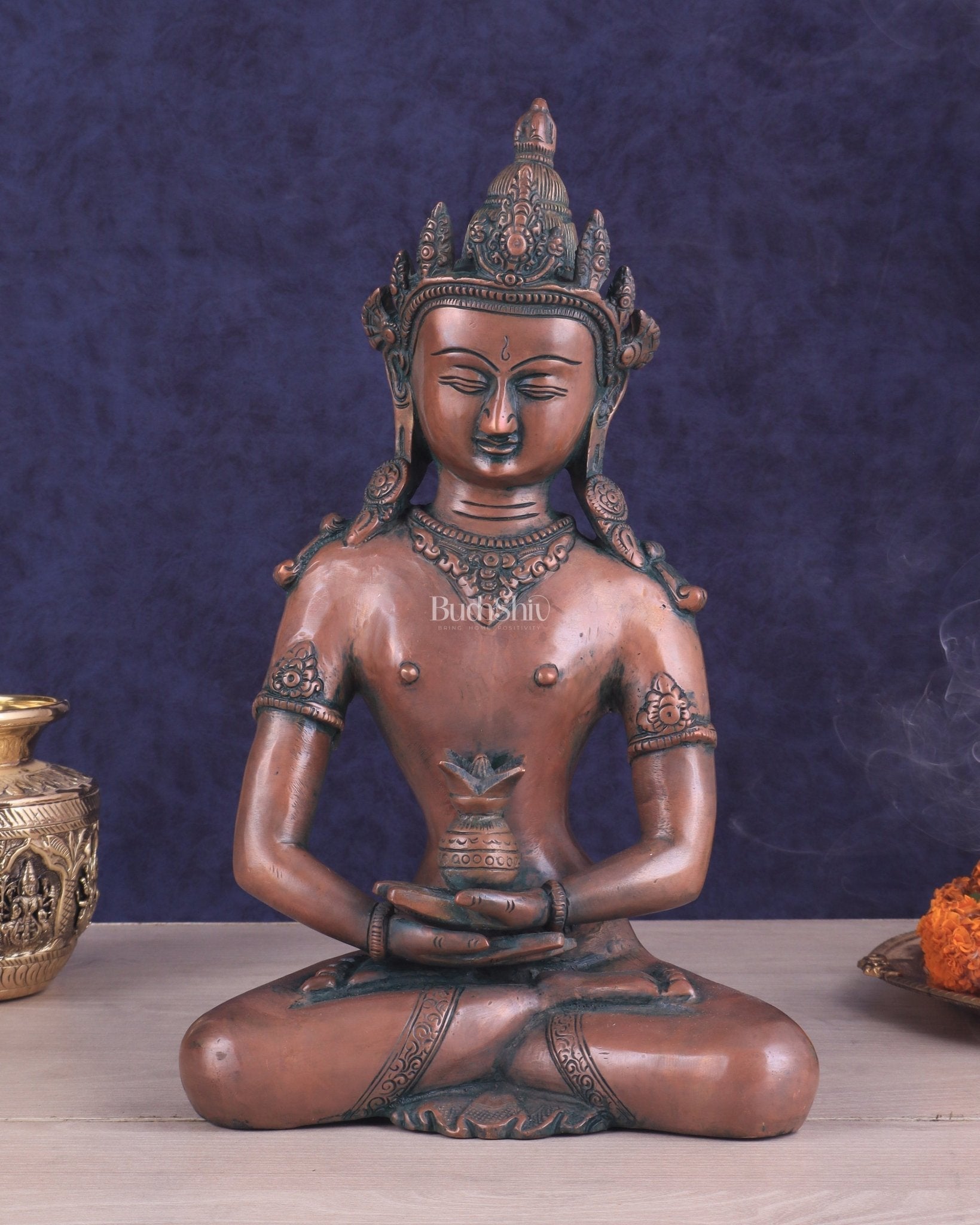 Pure Brass Meditating Buddha Statue - Antique Copper finish , 13" Height - Sama Homes Idol - Brass Sculpture - Eco-friendly - Sama Homes