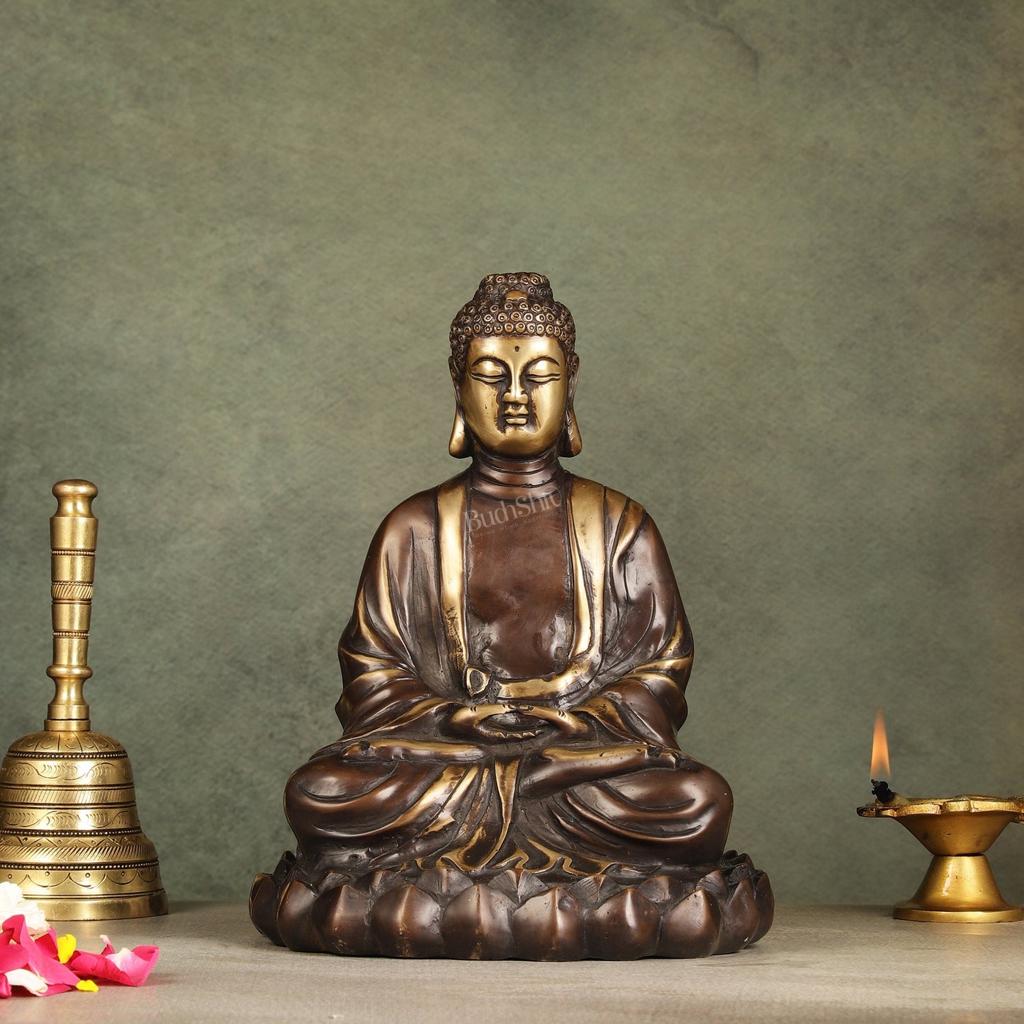 Pure Brass Meditative Buddha Statue - Brown Finish 10" - Sama Homes Idol - Brass Sculpture