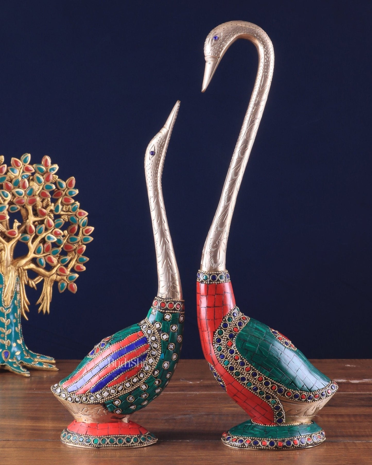 Pure Brass Meenakari Swan Pair - Vastu Approved Home Decor - Sama Homes Idol - Brass Sculpture