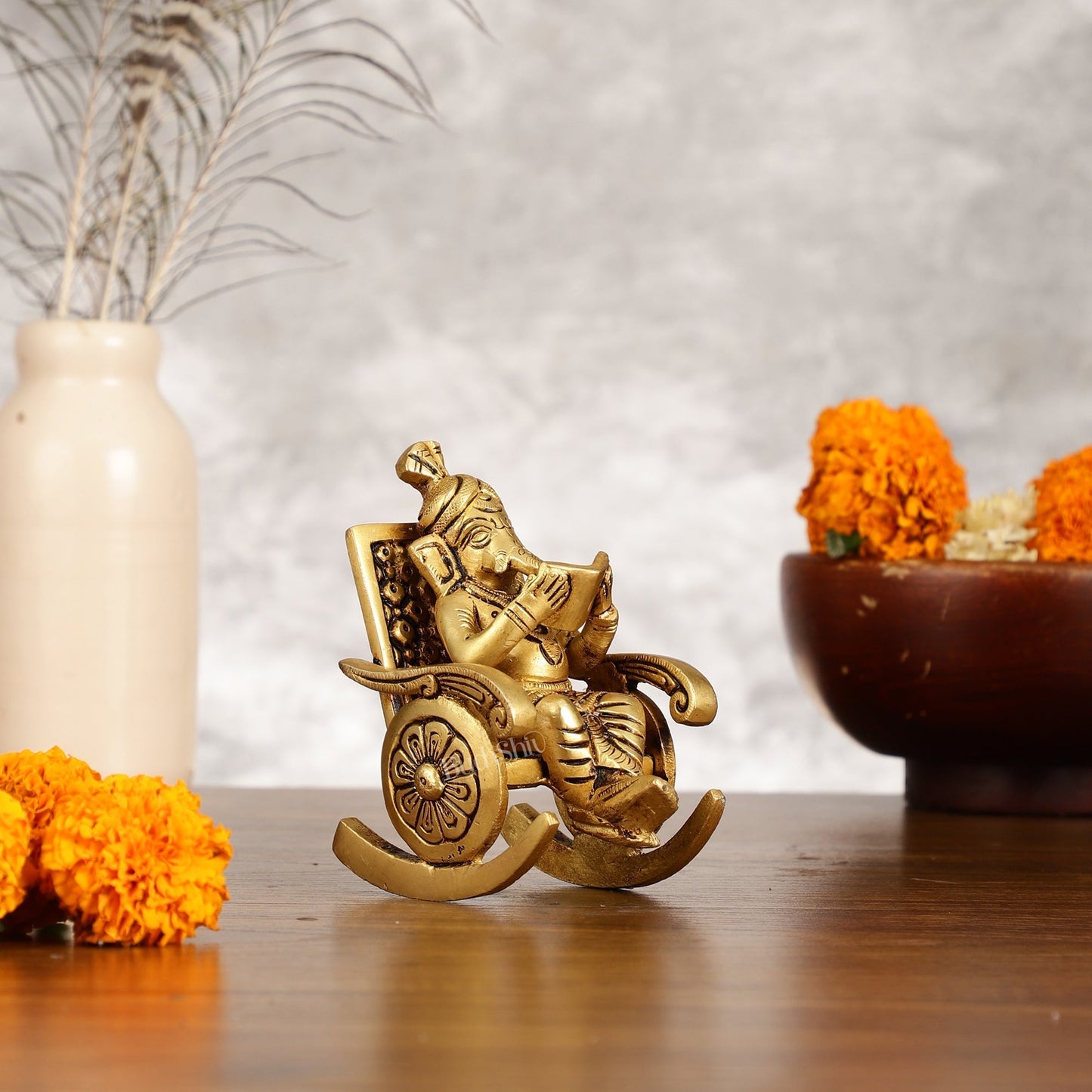 Pure Brass Miniature Lord Ganesha idol on Chair - 4.5 inch - Sama Homes Idol - Brass Sculpture