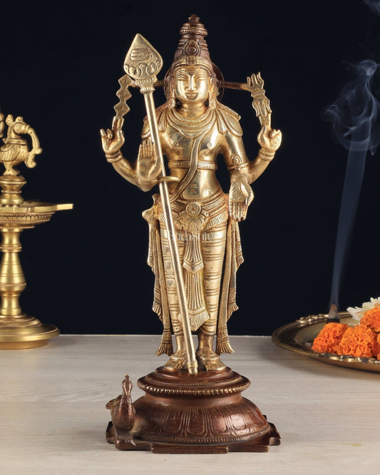 Pure Brass Murugan Swamy Statue - Unique Design 10.5" - Sama Homes Idol - Brass Sculpture