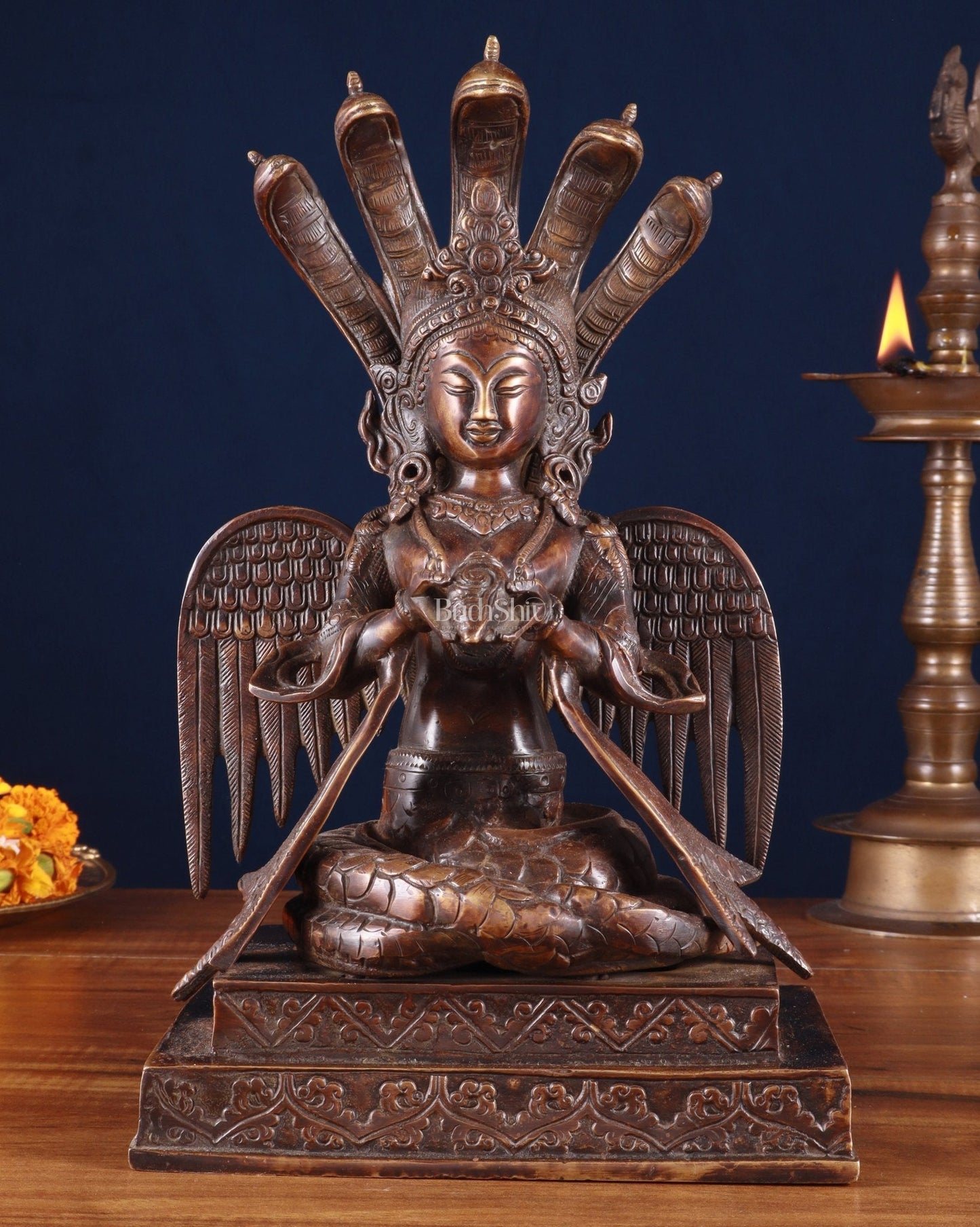 Pure Brass Naag Kanya – Snake Goddess Statue, 12.5" - Sama Homes Idol - Brass Sculpture