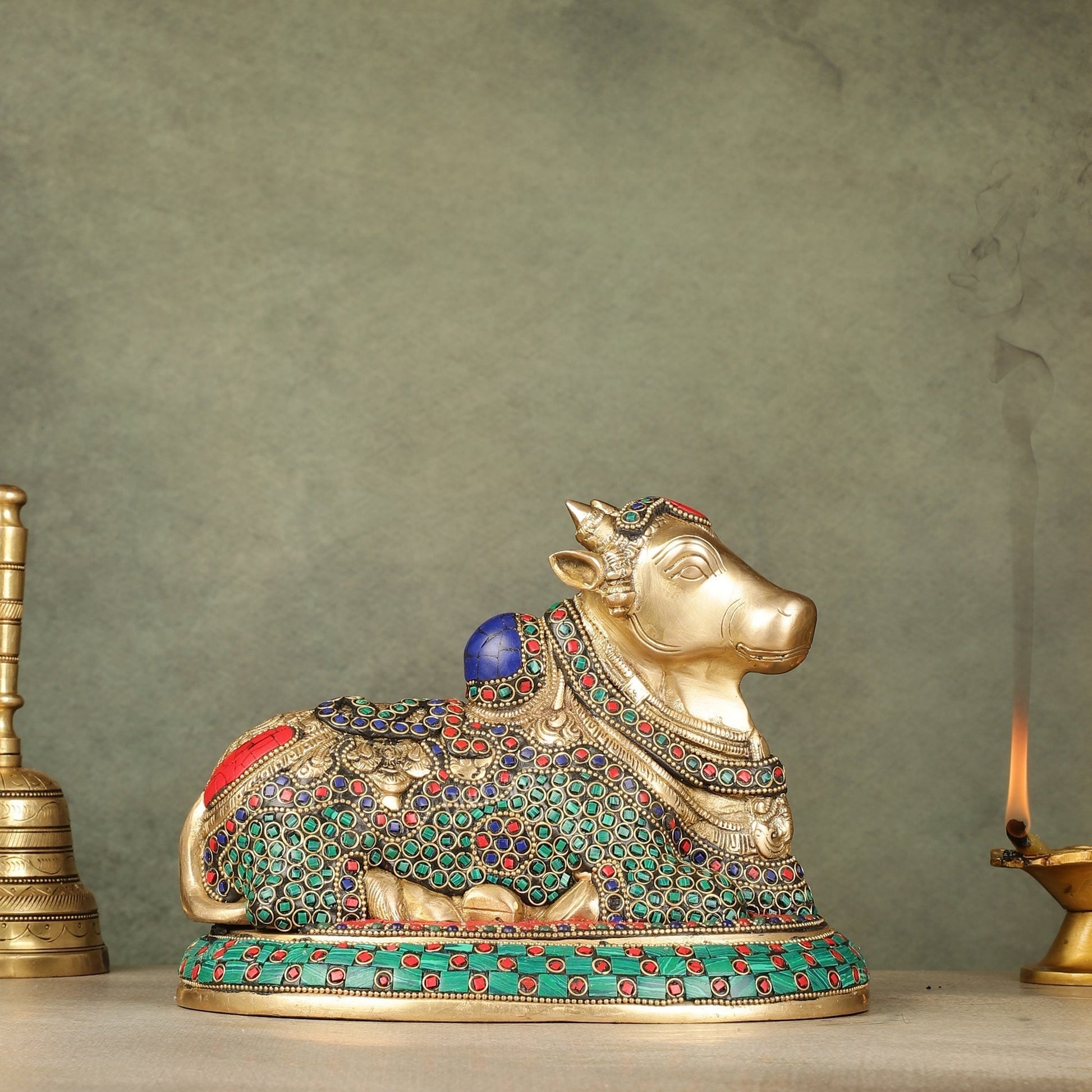 Pure Brass Nandi Bull Idol with Meenakari Work 8" - Sama Homes Idol - Brass Sculpture - Eco-friendly - Sama Homes