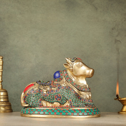 Pure Brass Nandi Bull Idol with Meenakari Work 8" - Sama Homes Idol - Brass Sculpture