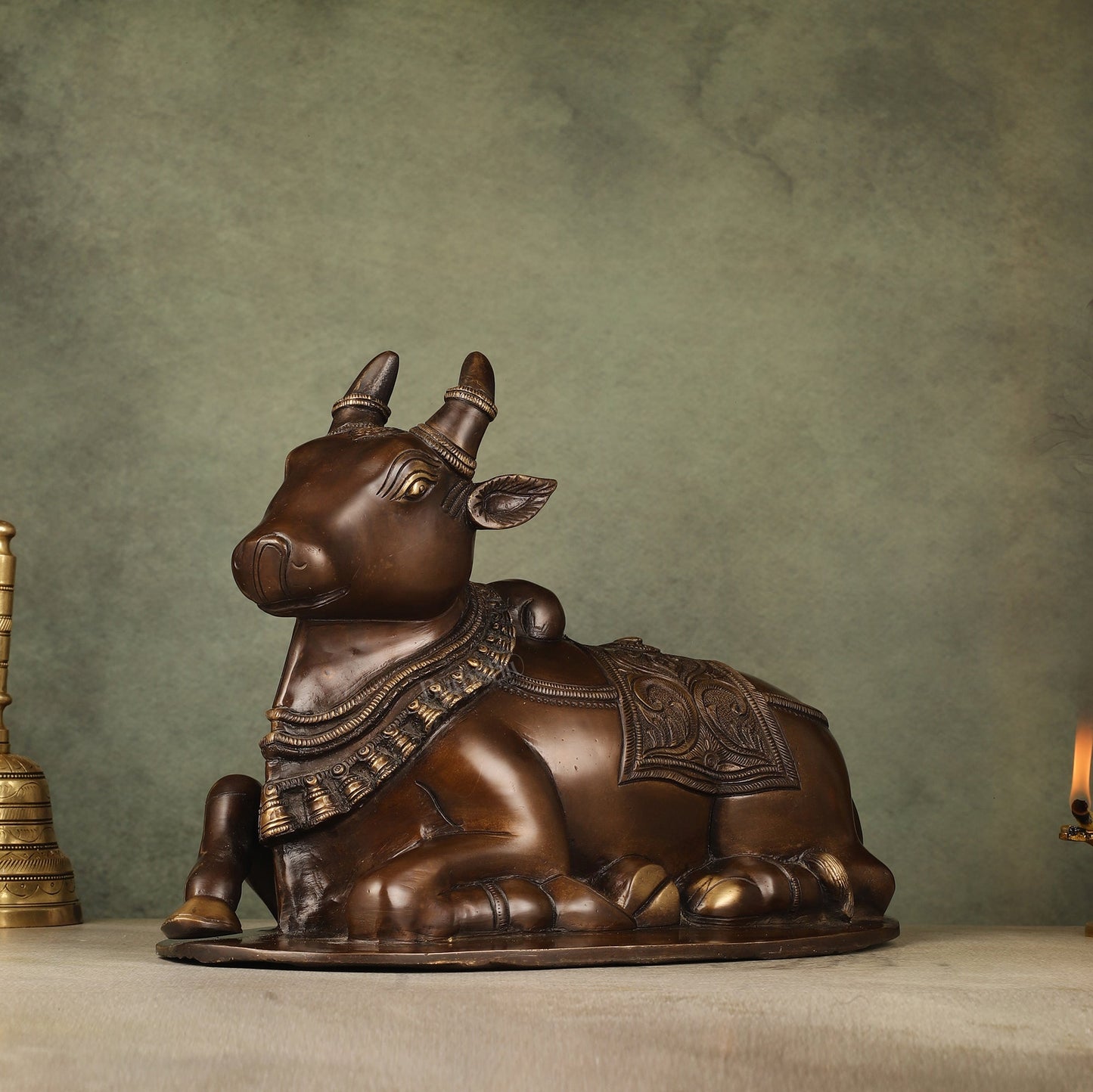 Pure Brass Nandi Idol with Antique Finish - 9.5 inch - Sama Homes Idol - Brass Sculpture