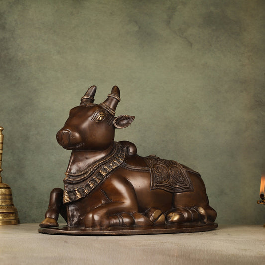 Pure Brass Nandi Idol with Antique Finish - 9.5 inch - Sama Homes Idol - Brass Sculpture