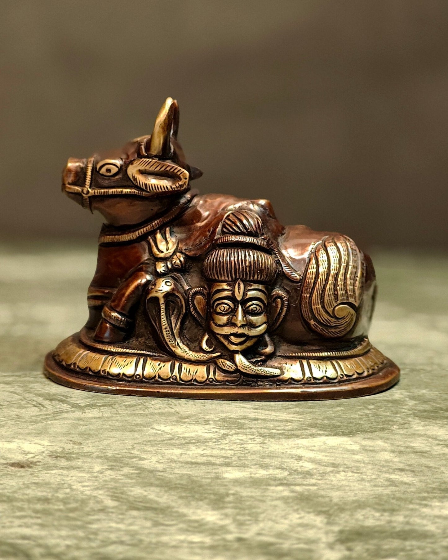 Pure Brass Nandi Idol with Shiv Gauri engraved 6" - Sama Homes Idol - Brass Sculpture
