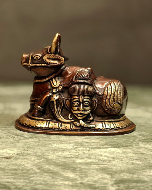 Pure Brass Nandi Idol with Shiv Gauri engraved 6" - Sama Homes Idol - Brass Sculpture