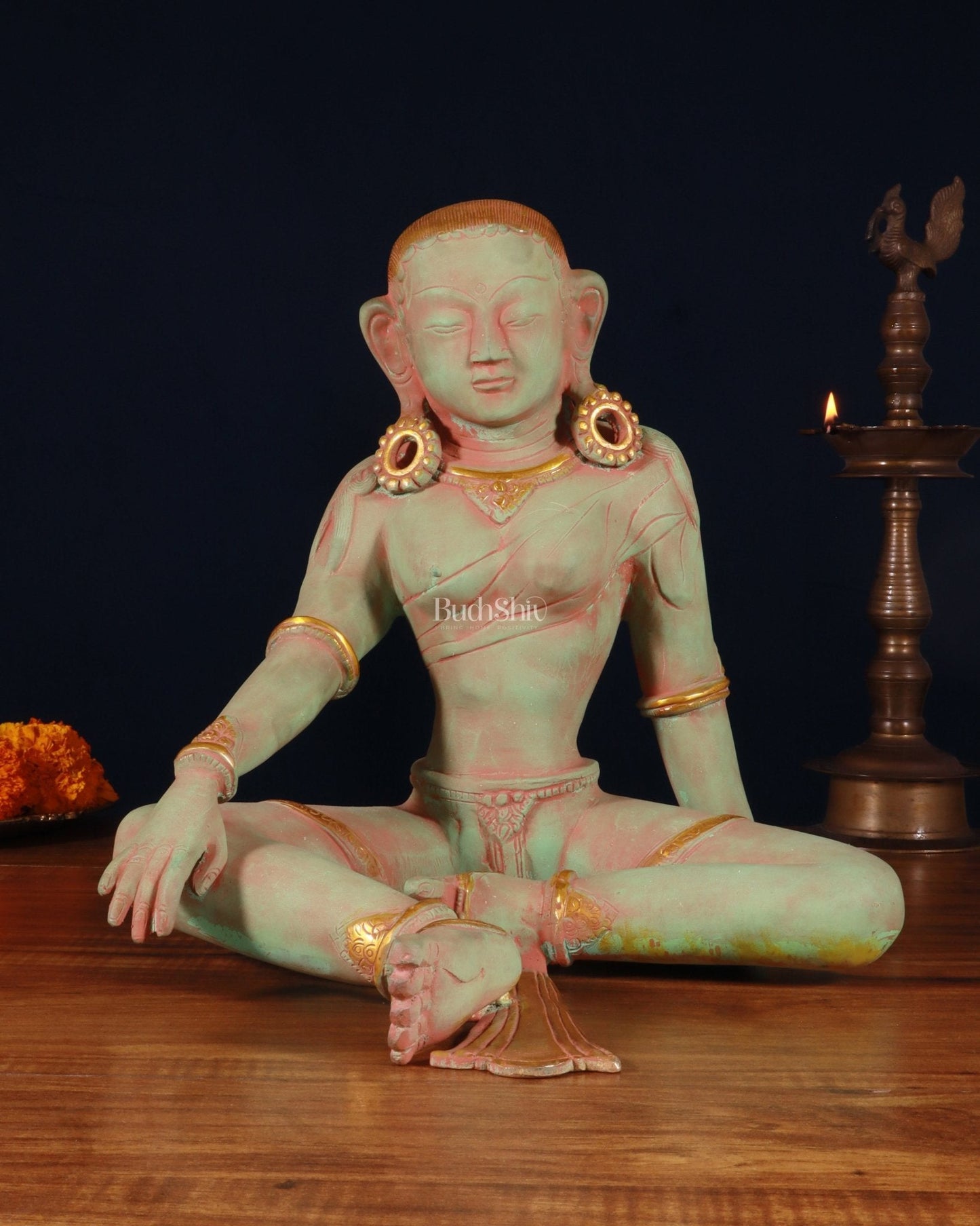 Pure Brass Nepalese Parvati Statue – Green Sand Finish, 12.5 Inch - Sama Homes Idol - Brass Sculpture