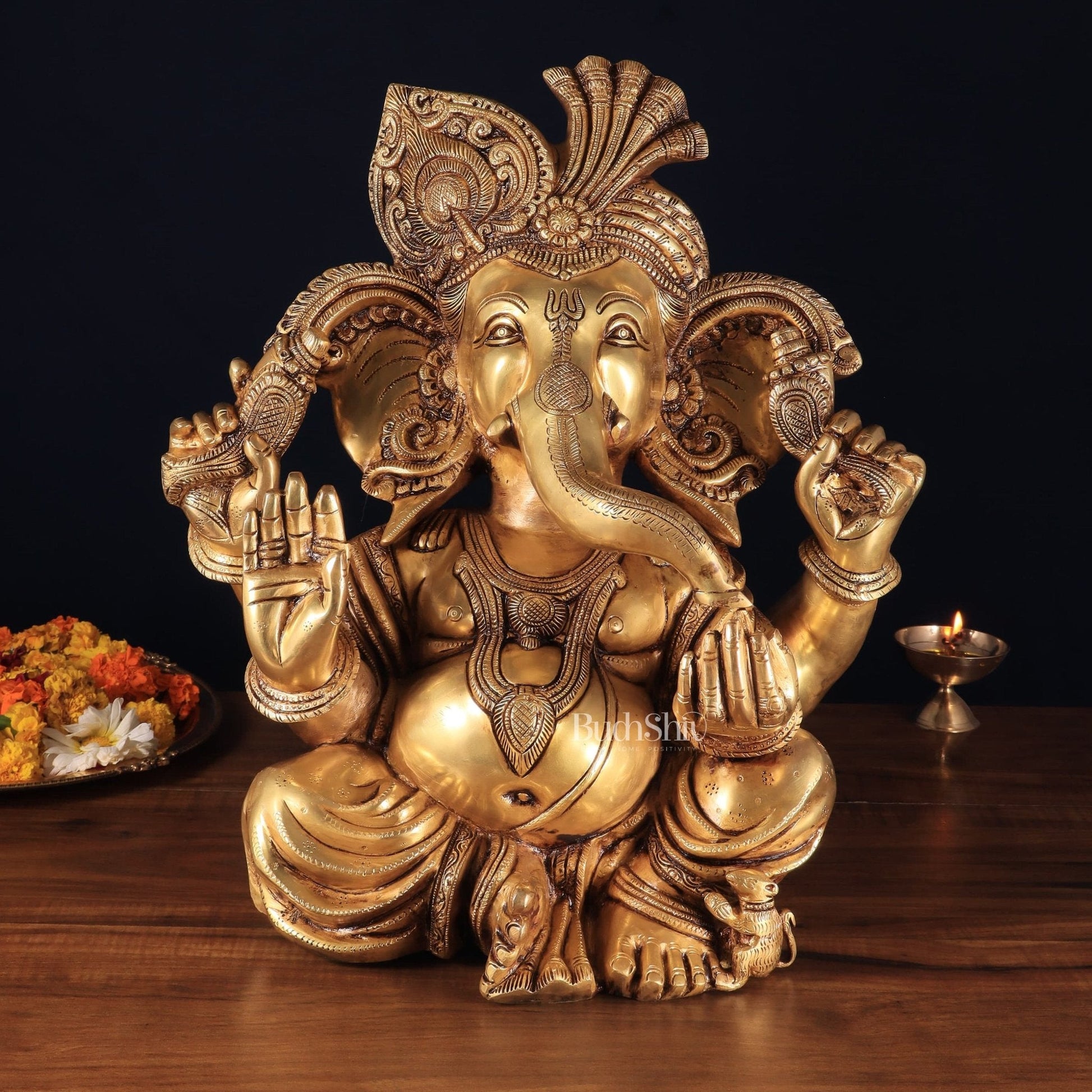 Pure Brass Pagadi Ganapati – Lord Ganesha Wearing a Turban with Enhanced Carvings 18 inch - Sama Homes Idol - Brass Sculpture - Eco-friendly - Sama Homes