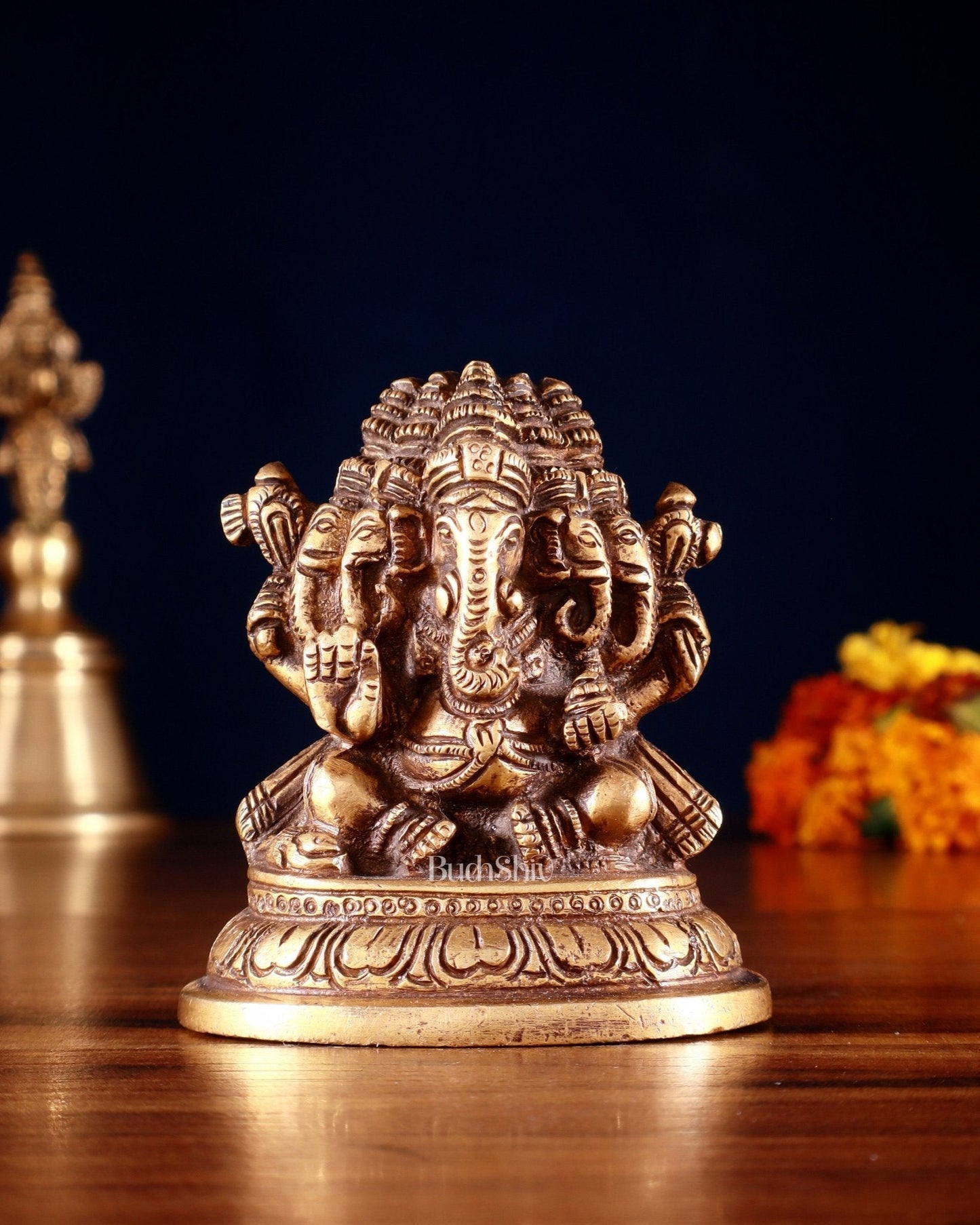 Pure Brass Panchmukhi Ganapati Idol 3.5" - Sama Homes Idol - Brass Sculpture