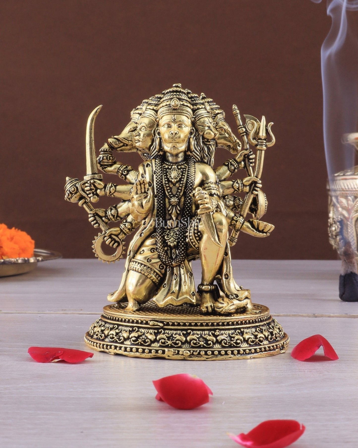 Pure Brass Panchmukhi Hanuman Idol - 4 inch golden tone - Sama Homes Idol - Brass Sculpture