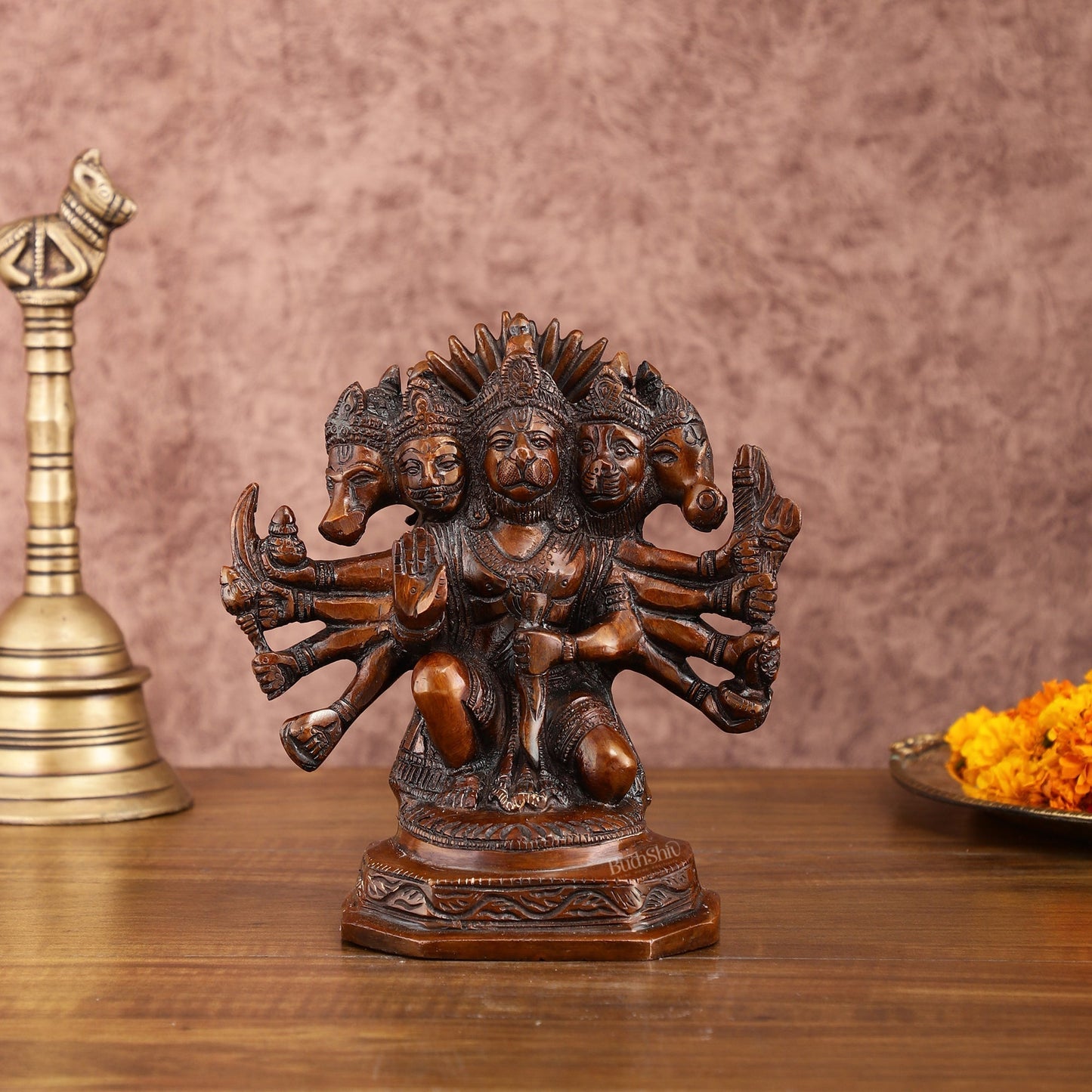Pure Brass Panchmukhi Hanuman Statue | Deep Red Finish | 8 Inches - Sama Homes Idol - Brass Sculpture