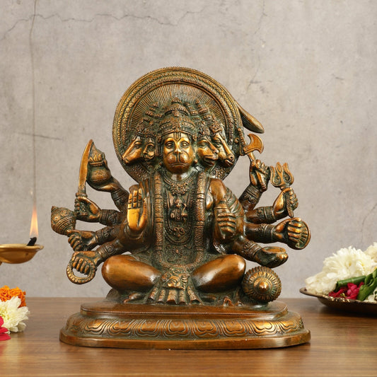 Pure Brass Panchmukhi Hanuman Statue with Crossed Legs 9.5 inch - Sama Homes Idol - Brass Sculpture