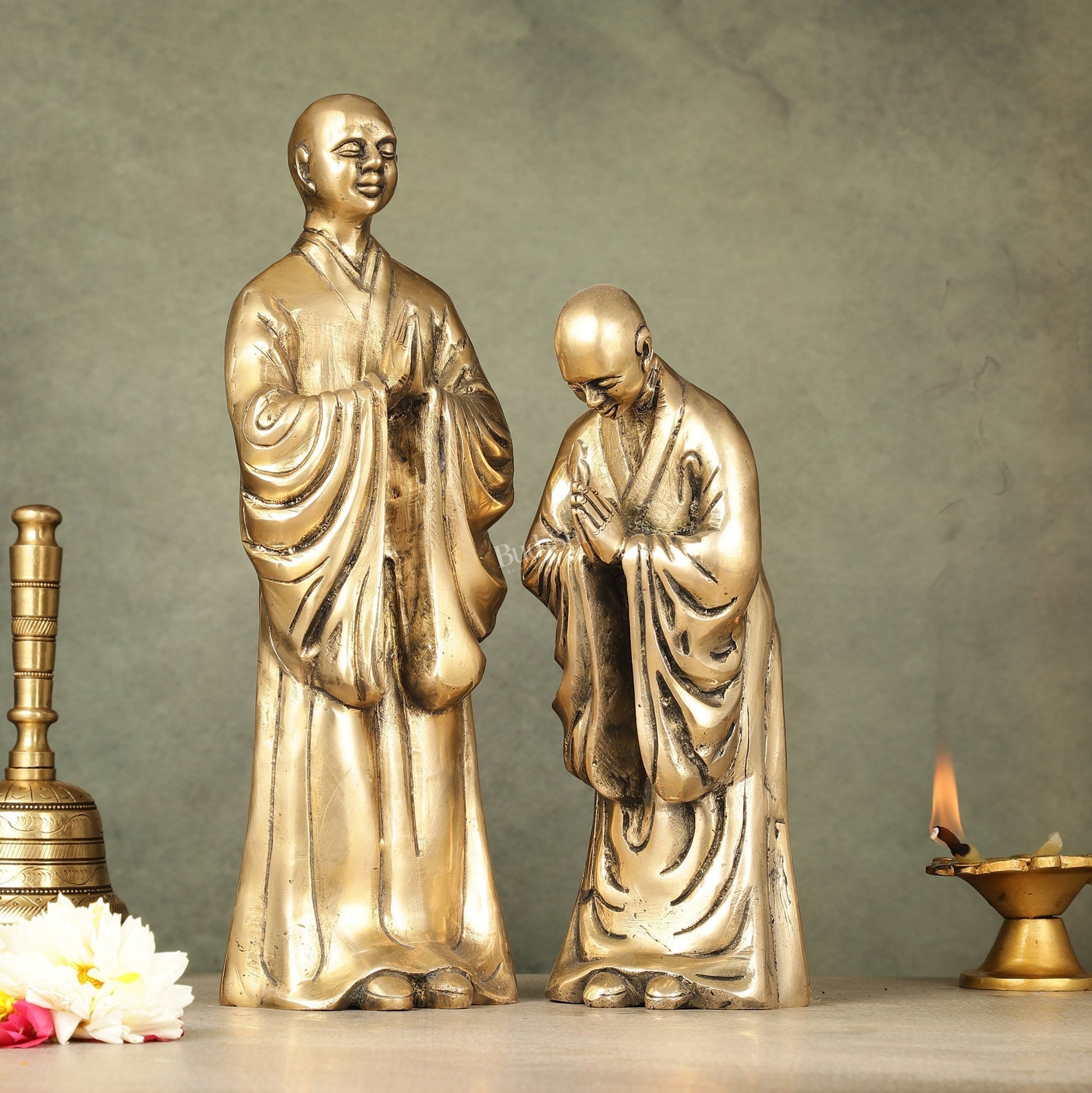 Pure Brass Peaceful Buddha Monk and Disciple Idol Set - 12 Inch - Sama Homes Idol - Brass Sculpture - Eco-friendly - Sama Homes