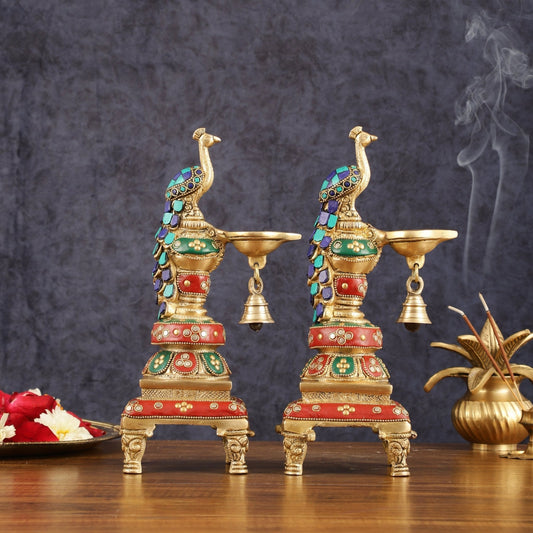 Pure Brass Peacock Diya with Meenakari Work - Pair, 11" Height – Sama Homes