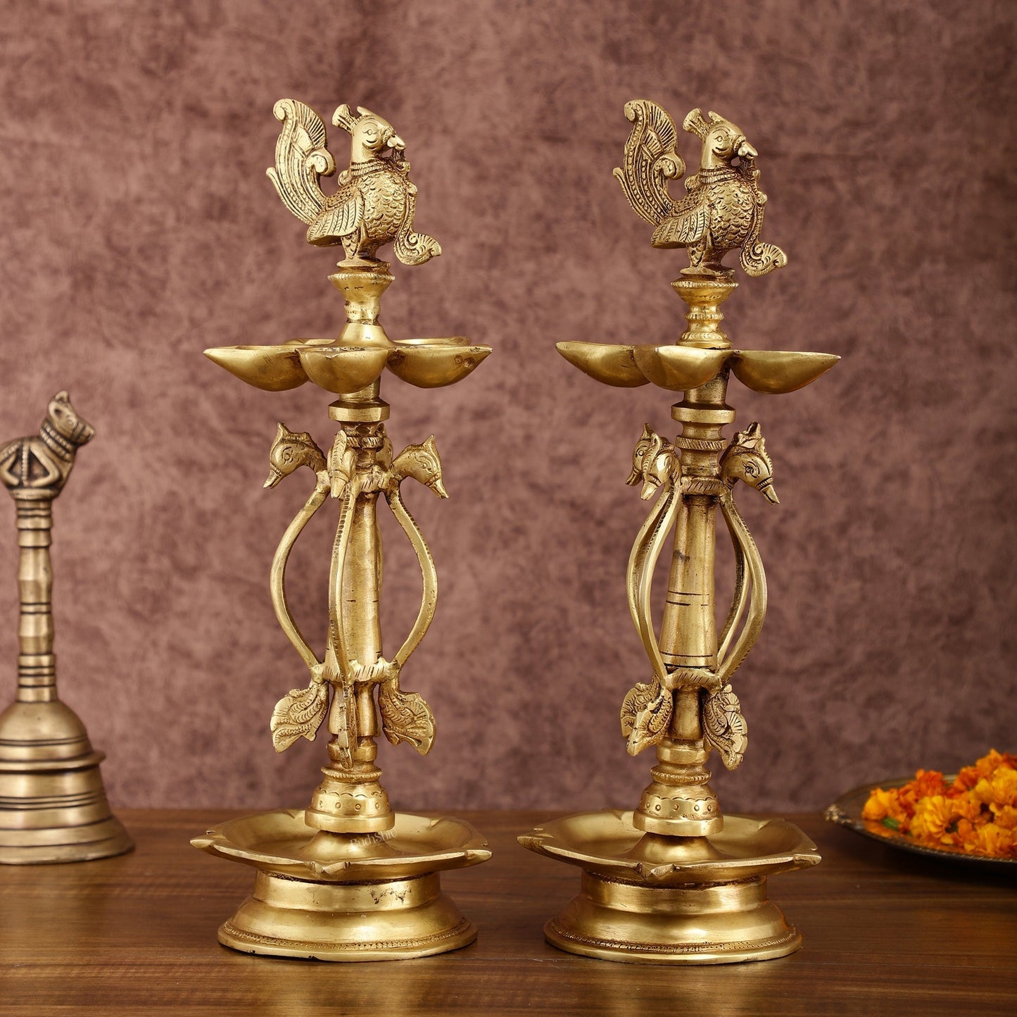 Pure Brass Peacock Kutthu Villakku Oil Lamp | 14.5-inch Tall,