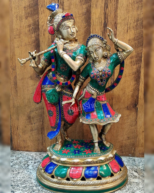 Sama Homes-radha krishna together brass statue with stonework 23 inch