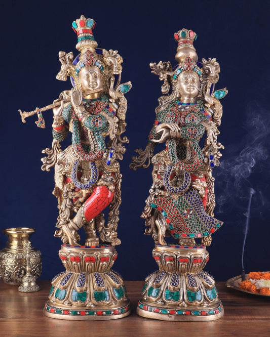 Pure Brass Radha Krishna Idol 25 inch Stonework - Sama Homes Idol - Brass Sculpture