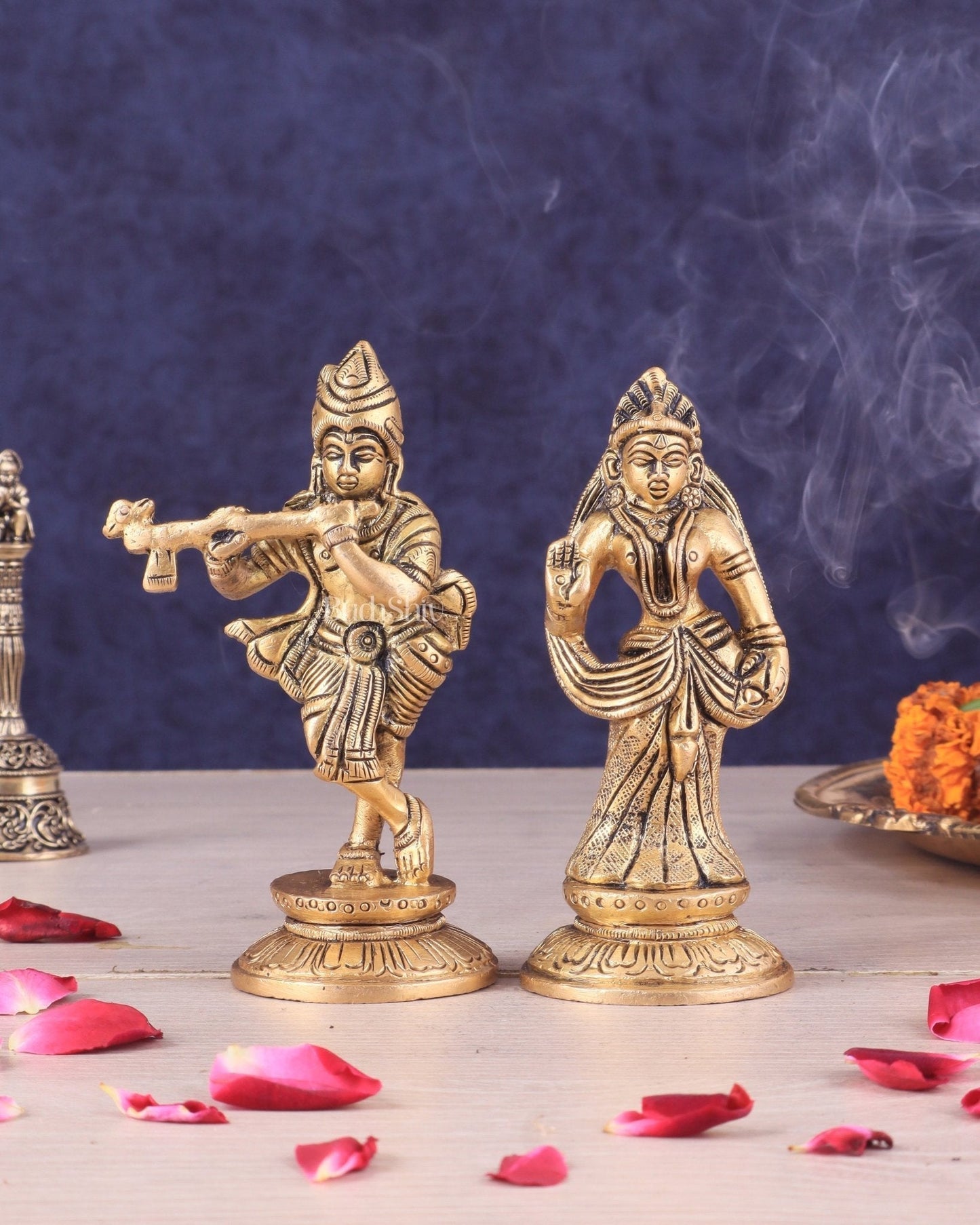 Pure Brass Radha Krishna Idols - Superfine Pair 4.5" - Sama Homes Idol - Brass Sculpture