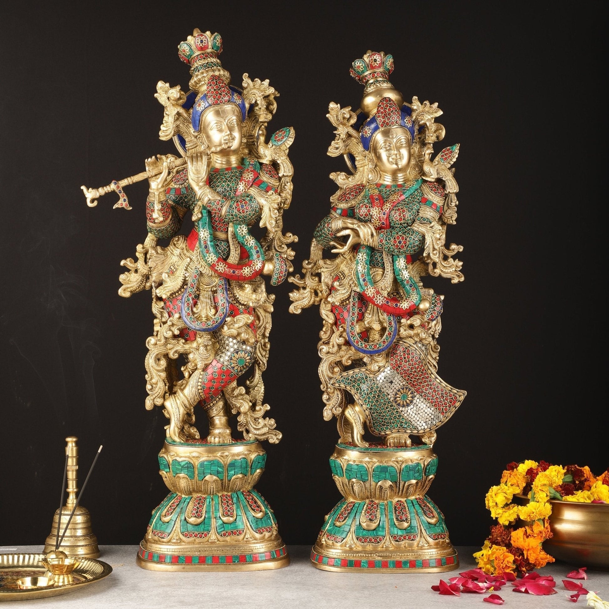 Pure Brass Radha Krishna Idols with Stonework | 30" - Sama Homes Idol - Brass Sculpture - Eco-friendly - Sama Homes