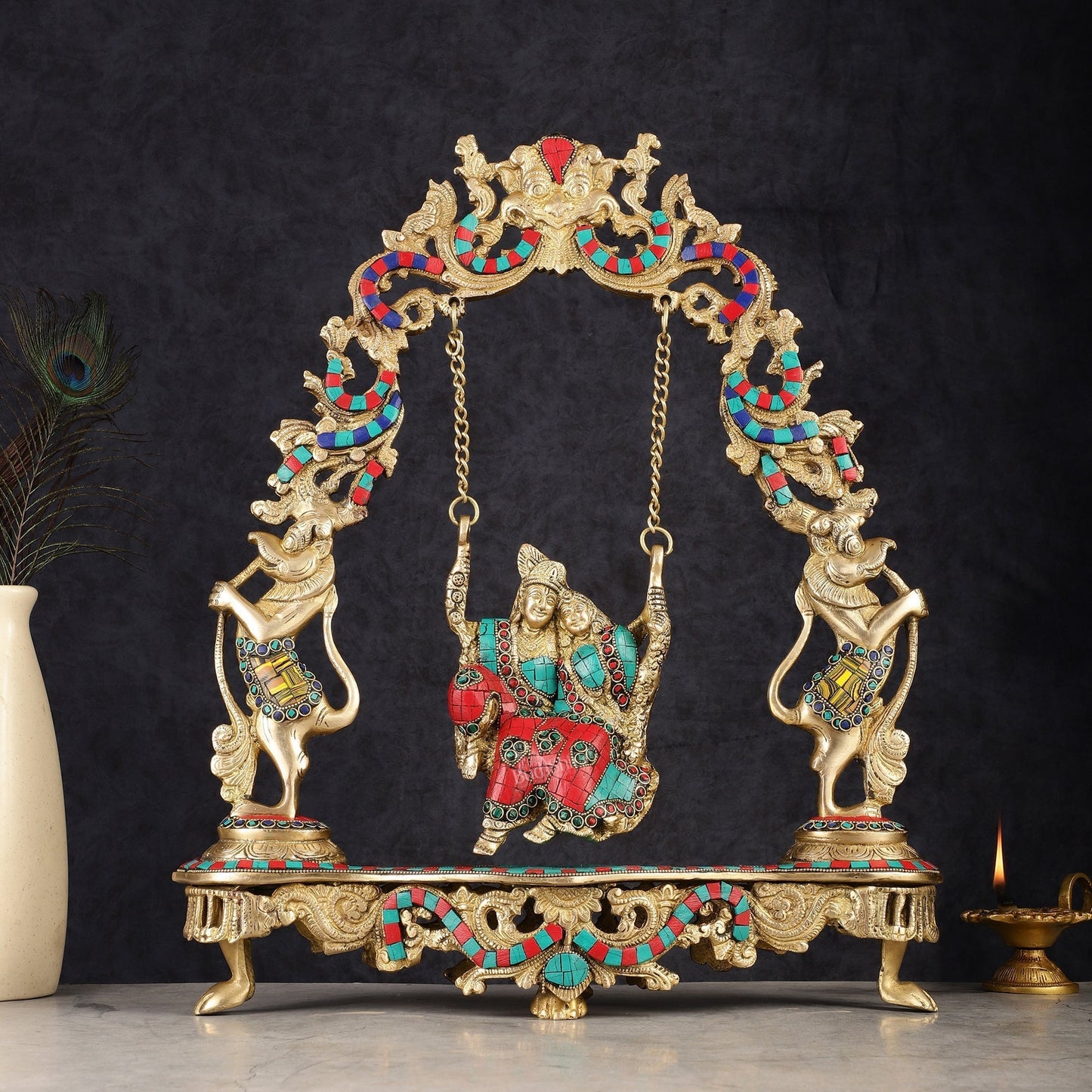 Pure Brass Radha Krishna on Swing - Handcrafted with Natural Stones 18 inch - Sama Homes Idol - Brass Sculpture