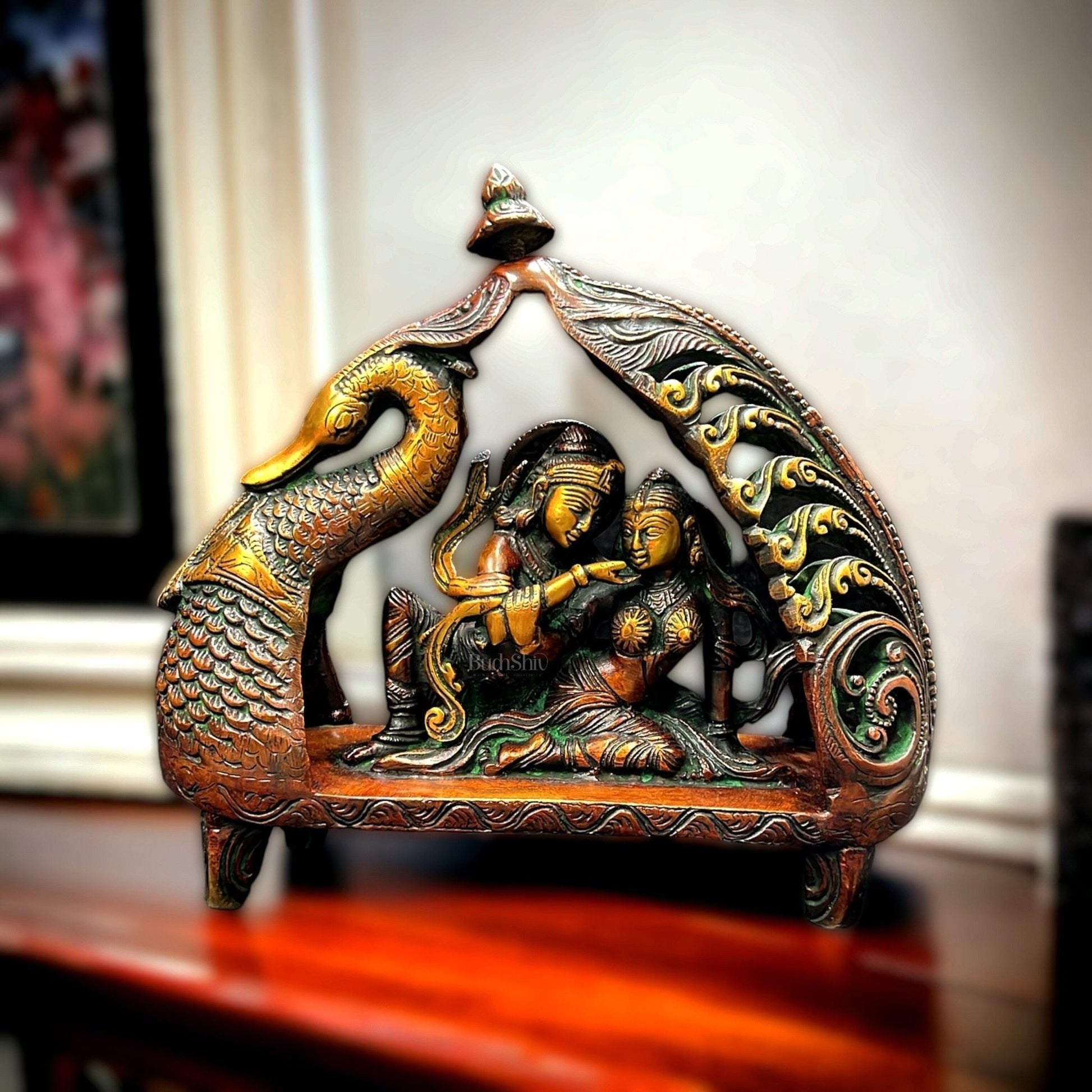 Pure Brass Radha Krishna Sitting on Peacock Boat Table Accent - Sama Homes Idol - Brass Sculpture - Eco-friendly - Sama Homes