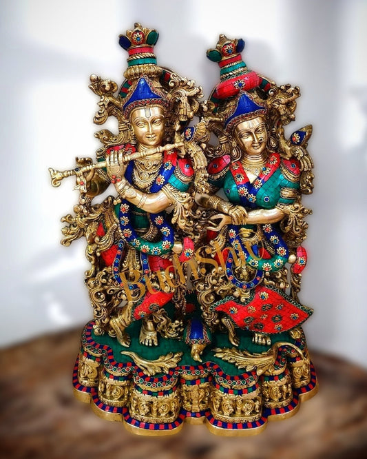 Pure Brass Radha Krishna Standing Idol – 29"x19"x12.5", - Sama Homes Idol - Brass Sculpture