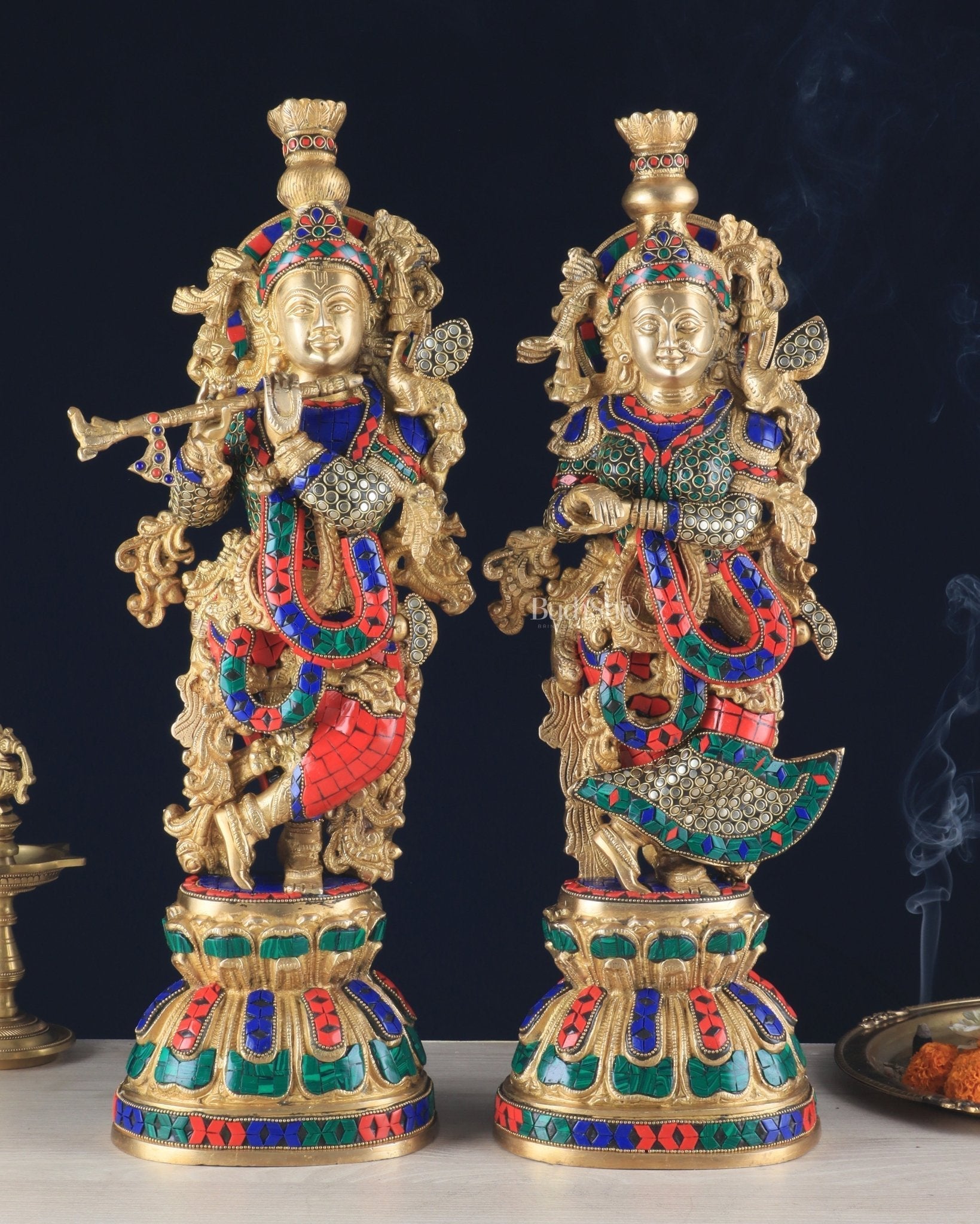 Pure Brass Radha Krishna Statue - 21 inch meenakari delight - Sama Homes Idol - Brass Sculpture - Eco-friendly - Sama Homes