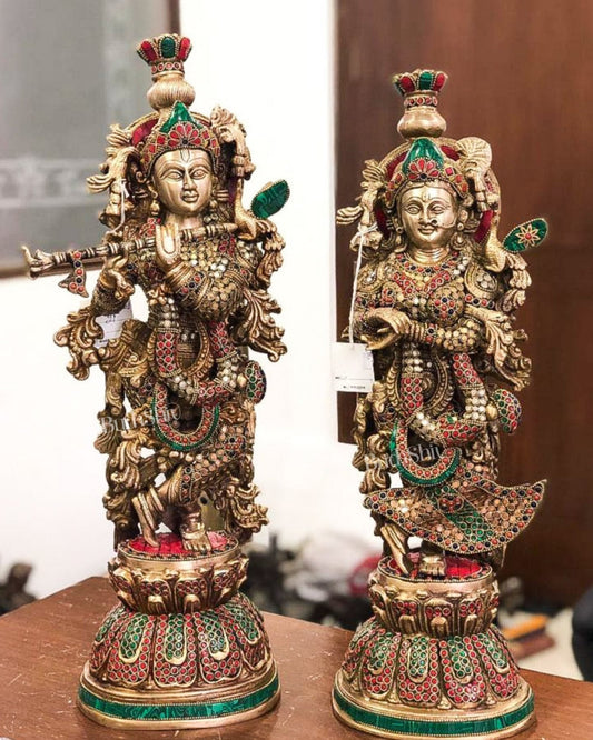 Sama Homes-radha krishna brass idols with stonework 21 inches 1
