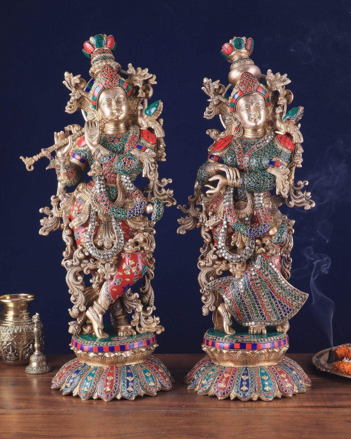 Pure Brass Radha Krishna Statues on lotus base with Intricate Stonework – 27 Inch - Sama Homes Idol - Brass Sculpture