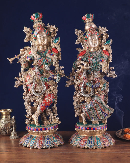 Pure Brass Radha Krishna Statues on lotus base with Intricate Stonework – 27 Inch - Sama Homes Idol - Brass Sculpture