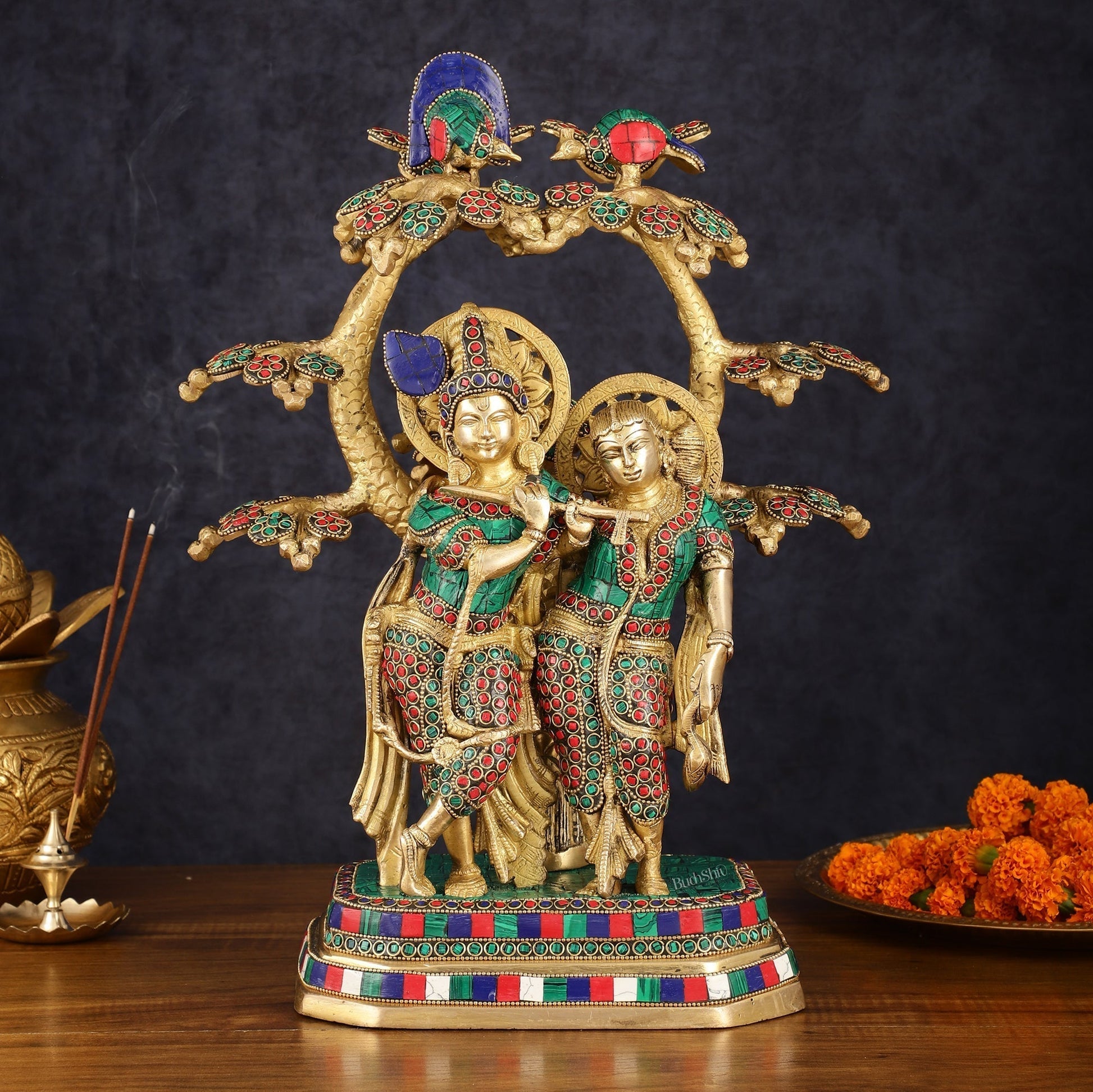 Pure Brass Radha Krishna Under Kadamba Tree Statue with Meenakari Stonework 16" - Sama Homes Idol - Brass Sculpture - Eco-friendly - Sama Homes