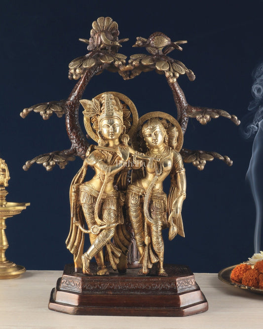 Pure Brass Radha krishna under tree idol 17 inch dual tone finish - Sama Homes Idol - Brass Sculpture