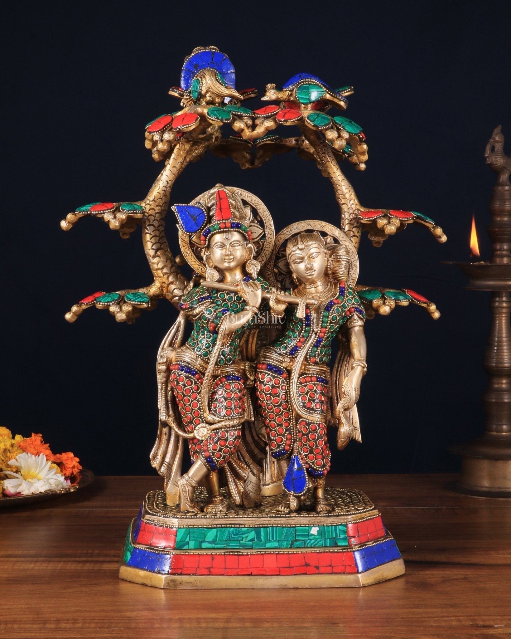 Pure Brass Radha Krishna Under Tree Statue with Stonework 16" - Sama Homes Idol - Brass Sculpture - Eco-friendly - Sama Homes