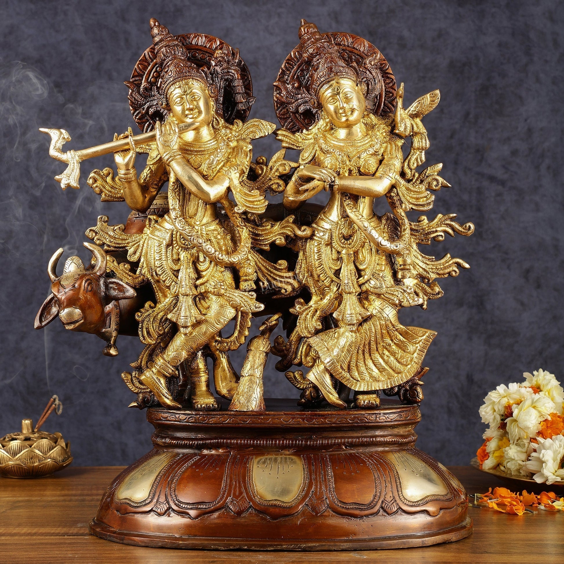 Pure Brass Radha Krishna with Cow Statue | Dual Tone | Height: 16.5 inch - Sama Homes Idol - Brass Sculpture - Eco-friendly - Sama Homes