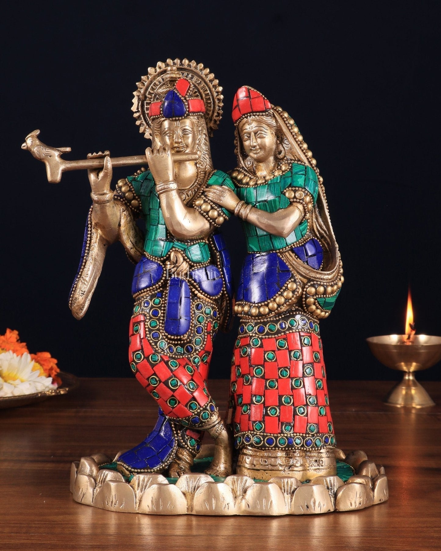 Pure Brass Radha Krishna with Idol - 11 inch with stonework - Sama Homes Idol - Brass Sculpture