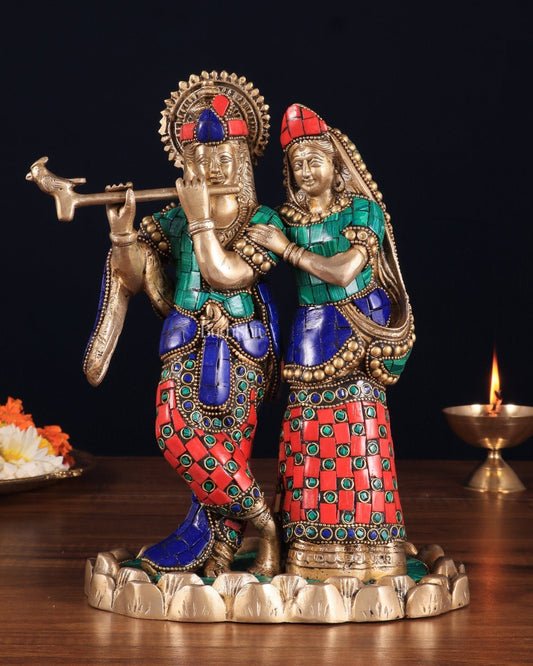 Pure Brass Radha Krishna with Idol - 11 inch with stonework - Sama Homes Idol - Brass Sculpture