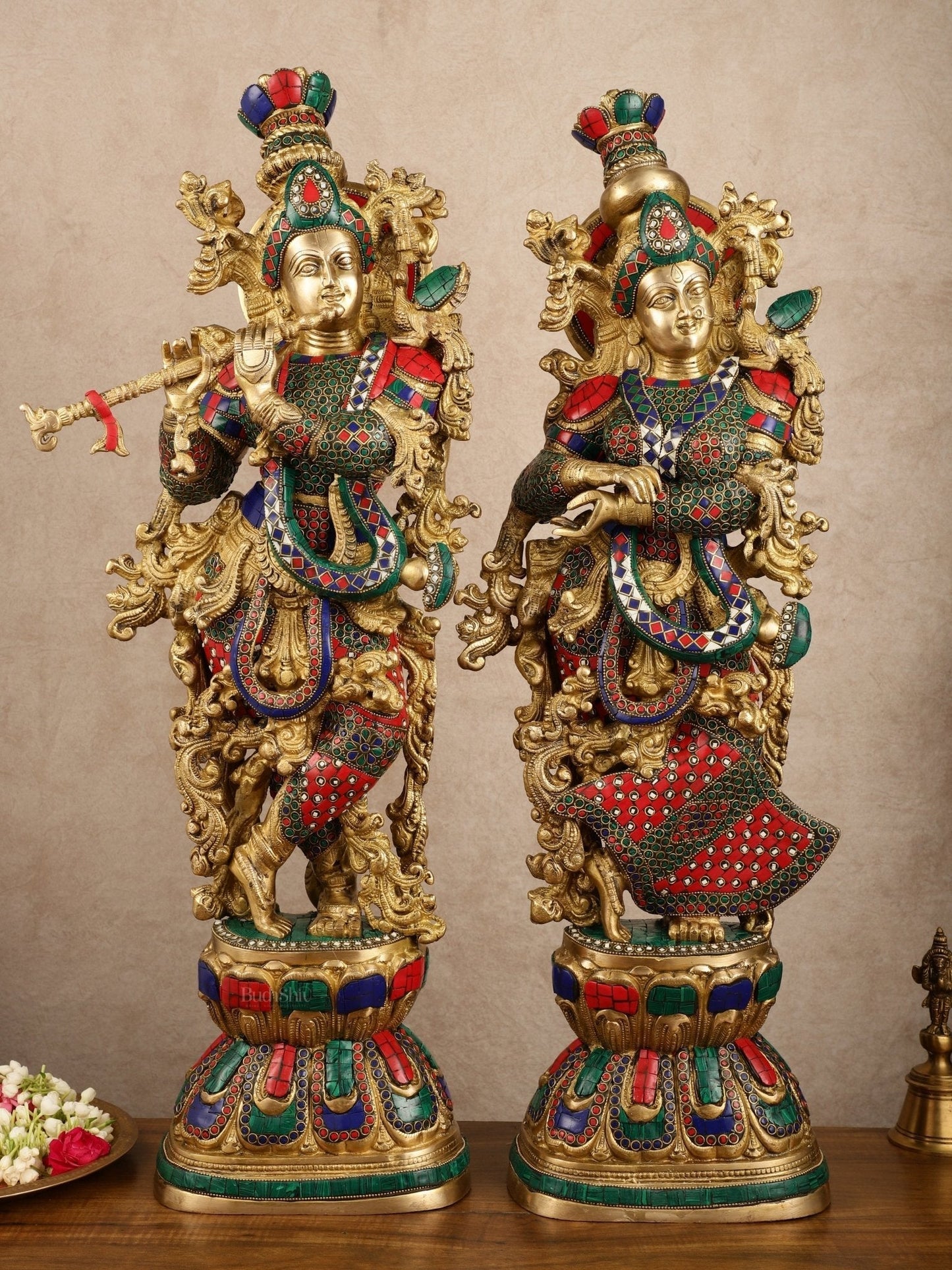 Pure Brass Radha Krishna with Stonework Meenakari | 30x11x6 Inches - Sama Homes Idol - Brass Sculpture