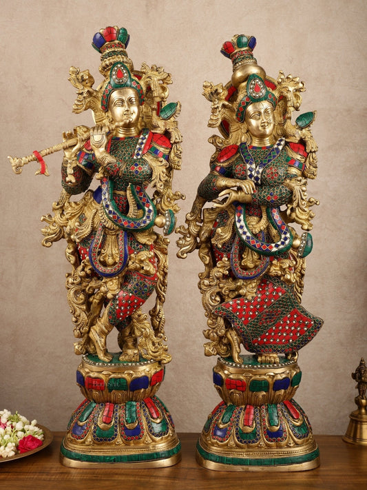 Pure Brass Radha Krishna with Stonework Meenakari | 30x11x6 Inches - Sama Homes Idol - Brass Sculpture