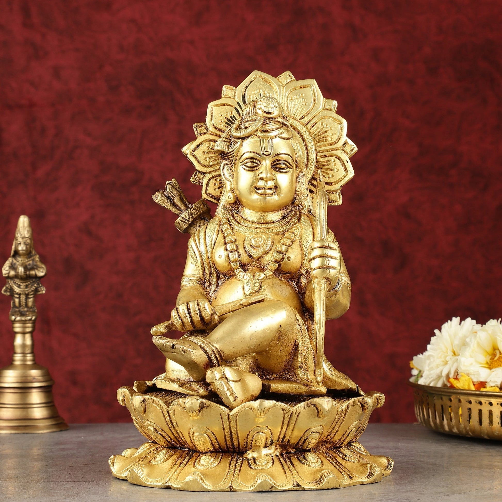 Pure Brass Ram Lalla Seated on Lotus Idol - 9" matte gold - Sama Homes Idol - Brass Sculpture - Eco-friendly - Sama Homes