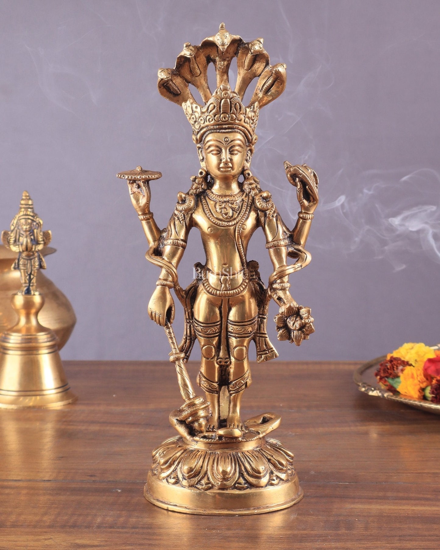 Pure Brass standing Vishnu idol with sheshanaag 11" - Sama Homes Idol - Brass Sculpture