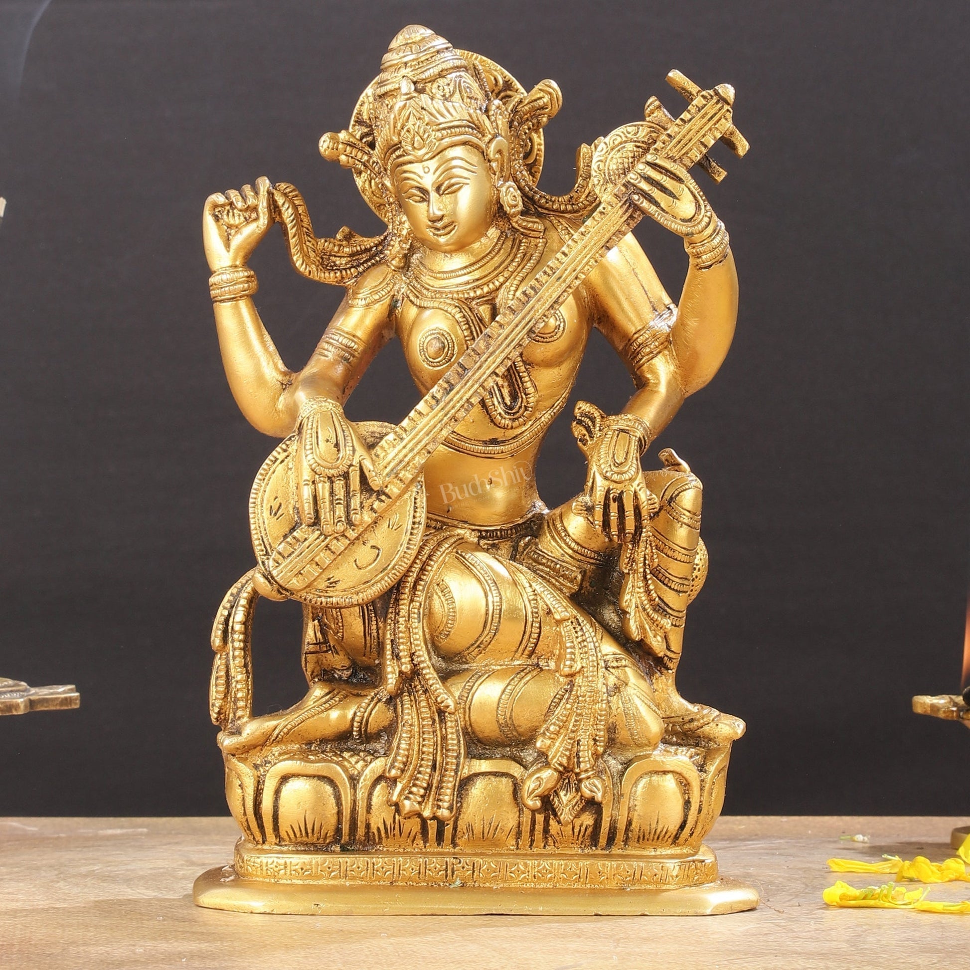 Pure Brass Sampoorn Saraswati Devi Murti - 9.5 Inch - Sama Homes Idol - Brass Sculpture - Eco-friendly - Sama Homes