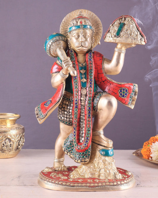 Pure Brass Sanjeevani Hanuman Idol – Large Size 15" - Sama Homes Idol - Brass Sculpture