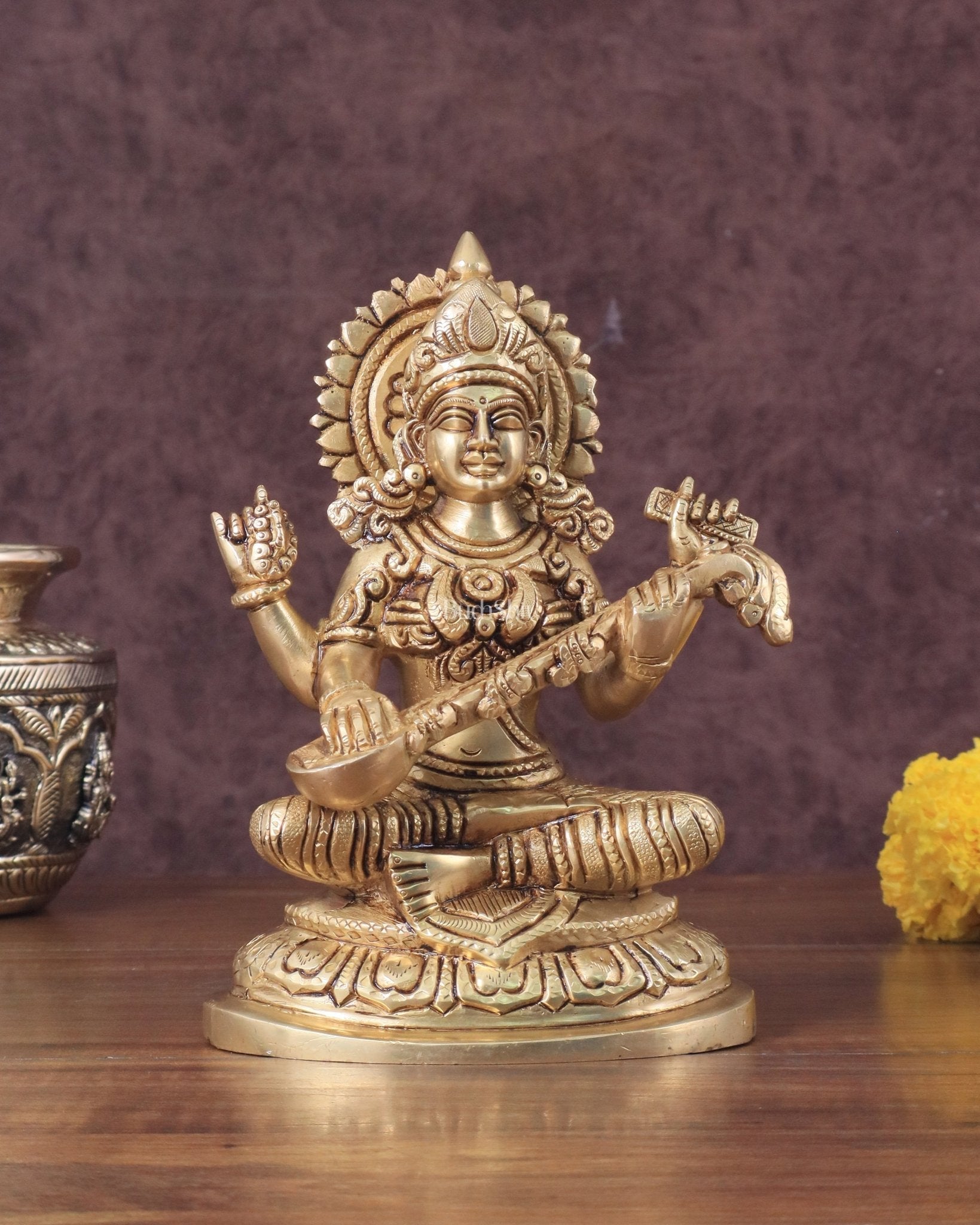 Pure Brass Saraswati Idol - 7.5" Height - Sama Homes Idol - Brass Sculpture - Eco-friendly - Sama Homes
