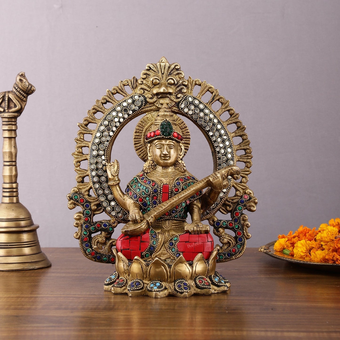 Pure Brass Saraswati Idol with Meenakari Stonework 9.5" - Sama Homes Idol - Brass Sculpture