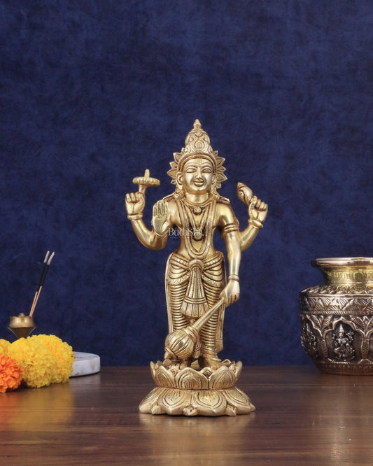 Pure Brass Sathya Narayana Vishnu on Lotus Statue - 9" - Sama Homes Idol - Brass Sculpture