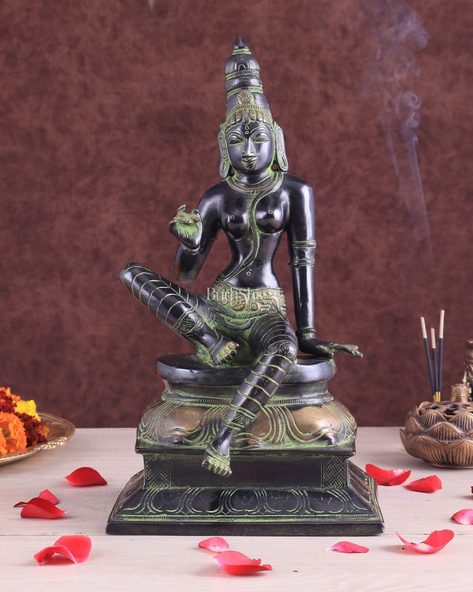 Pure Brass Seated Parvati Idol - 12" Black green tone - Sama Homes Idol - Brass Sculpture - Eco-friendly - Sama Homes