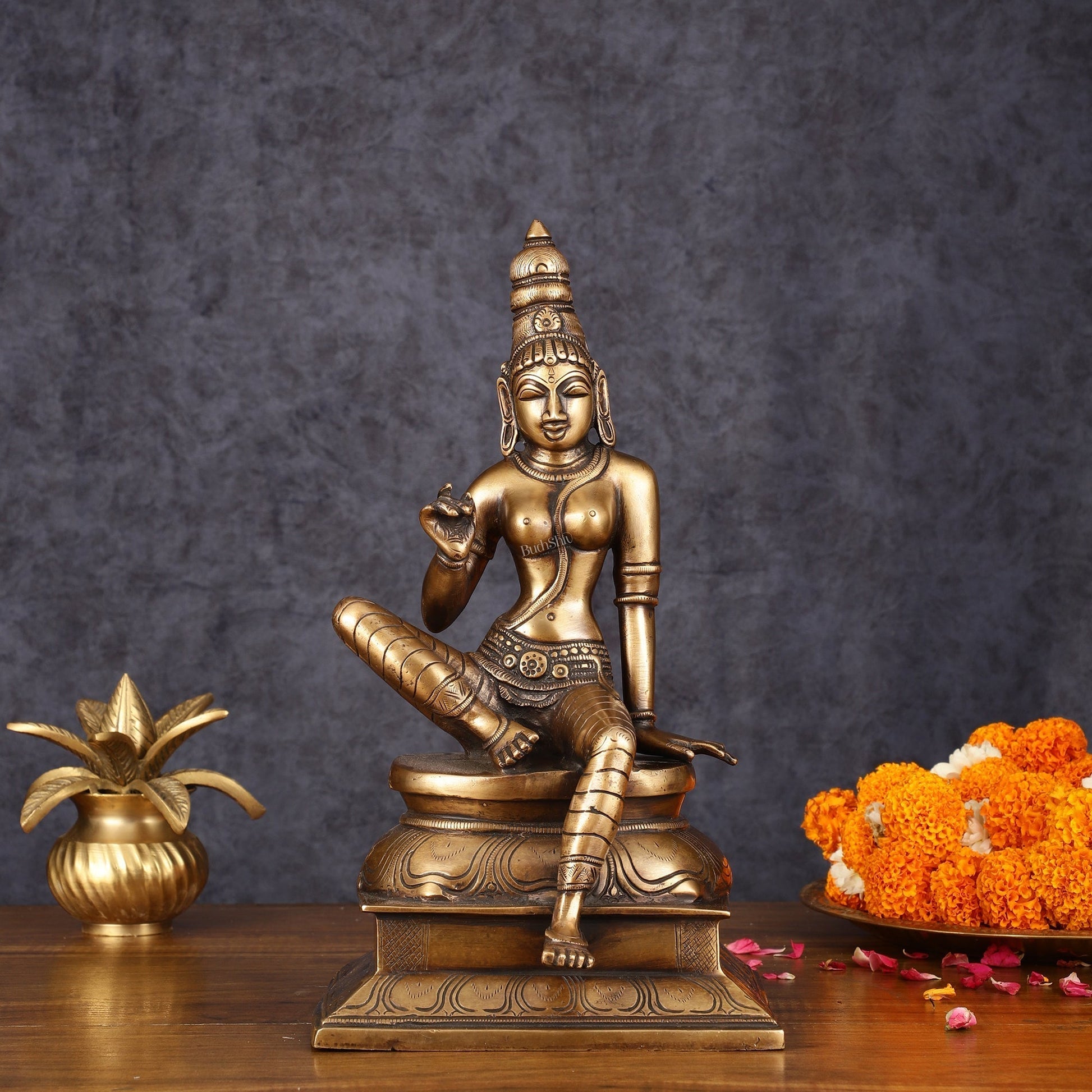 Pure Brass Seated Parvati Idol - 12" - Sama Homes Idol - Brass Sculpture - Eco-friendly - Sama Homes